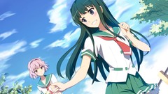 Trees clouds Anime skirts pink hair smiling long hair anime 