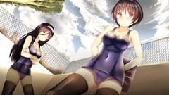 Trees clouds navel red eyes fences outdoors pillows long hair 