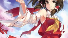 Trees clouds red dress vertical bows brown eyes brunettes short 