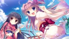 Trees clouds red eyes long hair anime girls blue eyes brunettes 