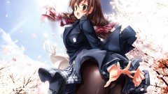 Trees clouds schoolgirls bows jackets skirts long hair anime 