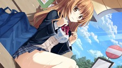 Trees clouds wet Bags sitting schoolgirls bows jackets skirts 