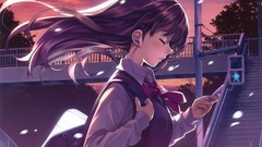 Trees clouds wind traffic lights Profile schoolgirls bows 