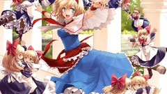 Trees dolls dress tie flying Pillars bows blondes smiling long 