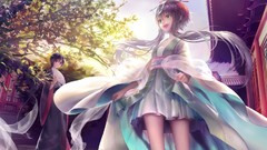 Trees dress red eyes buildings fans outdoors long hair anime 