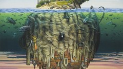 Trees fish Islands paintings palm trees upside down surreal art 