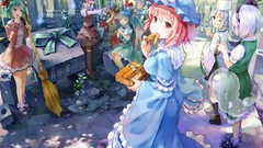 Trees food Umbrellas cemetery hats white hair red eyes outdoors 