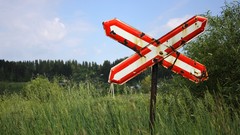 Trees grass clouds summer red sign white Green skyscapes 