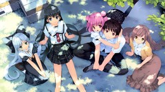 Trees grass glasses dress tie sitting schoolgirls buildings 