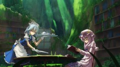 Trees grass moon Books chairs Plants glasses ruins plates dress 