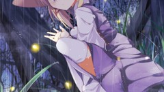 Trees grass rain hats fireflies white hair blondes anime girls 