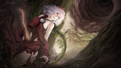 Trees grass War Plants lips goddess rings red eyes red dress 