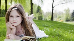 Trees grass woman children Books Garden outdoors blondes blue 