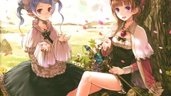 Trees hats staff red eyes skirts anime girls brunettes flower 