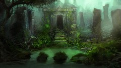 Trees jungle ruins vines stone buildings artwork