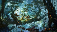 Trees lights vines forests artwork fantasy art Fan Ming