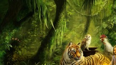 Trees moss Tigers vines Owls artwork roosters