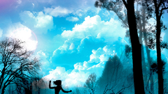 Trees night blue clouds girl forest running colorful