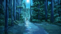 Trees night dark moon Anime flashlight paths forests artistic
