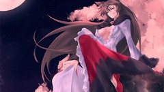 Trees night grin sitting looking down outdoors skirts long hair 