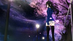 Trees night Stars glasses fences outdoors skirts long hair 