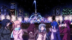Trees night Stars lights fountain anime girls sparkles 