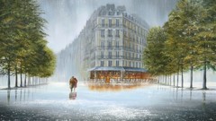 Trees rain cafe embrace paintings lovers streets boulevard 