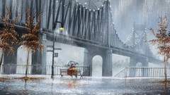 Trees rain lights bench couple Bridges drawings artwork Jeff 