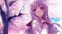 Trees red eyes faces outdoors pink hair long hair anime girls 