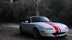 Trees red white cars Mazda canyon roads stripes miata