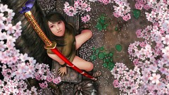 Trees red woman Japan Katana Japanese Adventure brunettes video 