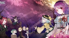 Trees ruins dress hats horns white hair red eyes bucket sitting 