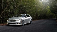 Trees silver asphalt cars roads Mercedes-Benz S-Class vehicles