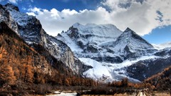 Trees snow Mountains clouds sky cold walkway