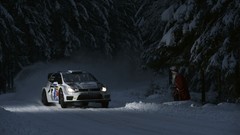 Trees snow night headlights santa claus racing rally cars 