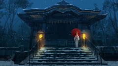Trees snow winter night dark Umbrellas railing kimono Ropes 