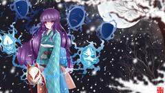Trees snow winter night moon dress kimono outdoors masks blush 