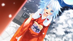 Trees snow winter night moon dress white hair red dress kimono 