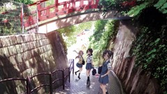 Trees sunny Bridges schoolgirls anime girls school uniforms 