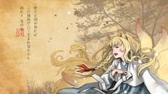 Trees text Ribbons bows blondes long hair anime girls blue eyes 