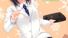 Trees text running tie houses jackets skirts anime girls brown 