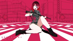 Trees text weapons Guns cross Shorts red eyes sitting clothes 