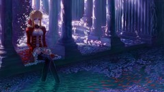 Trees water dress columns blondes anime girls green eyes short 