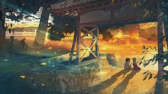 Trees water dress hats sitting buildings shirts outdoors 