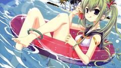 Trees water ocean Anime ice cream long hair anime girls blue 