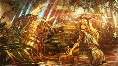 Trees water red eyes drawings blondes anime girls forests 