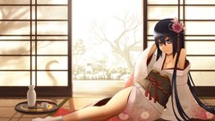 Trees water socks kimono long hair anime girls black hair black 