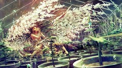 Trees water wings Anime Garden sleeping brown dress red eyes 