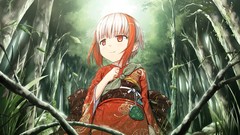 Trees white hair red eyes Ribbons kimono outdoors anime girls 