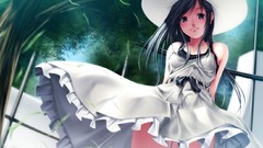 Trees wind dress hats outdoors blush long hair anime girls 